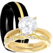 His Her TRIO Wedding Ring Set Silver Gold Plate Black Titanium Solitaire CZ