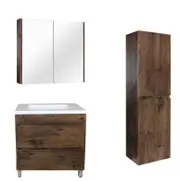 750mm Dark Oak Qubist MDF Freestanding With Legs Vanity With Ceramic Top With Shaving Cabinet and Tall Boy