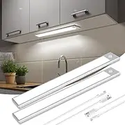 SILAMPDI Under Cabinet Lights 24CM, Rechargeable Motion Sensor Light 2 Pack, 6500K 9000mAh USB Rechargeable Battery, Suitable for Kitchen, Wardrobe, Cupboard, Silvery