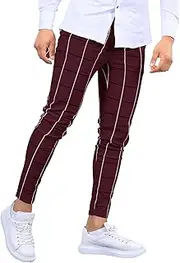 [JEShifangjiusu] Mens Striped Plaid Skinny Pant Slim Fit No Belt Office Work Trouser Summer Wear Resistant Trend Casual Pants (Red,Large)