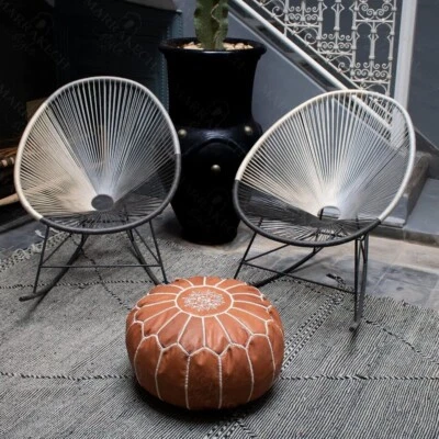 Moroccan Handmade Genuine Leather Round Pouf Ottoman Footstool Pouffe