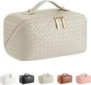 Large Capacity Travel Cosmetic Bag - Portable Makeup Bags for Women Waterproof PU Leather Checkered Makeup Organizer Bag with Dividers and Handle,Toiletry Bag for Cosmetics, woven-khaki