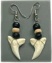 [Swimmi] Genuine Mako Shark Tooth Earrings, Handmade Wooden Beads Dangle Shark Tooth Earrings for Women Jewelry GA056-A, Shark Tooth