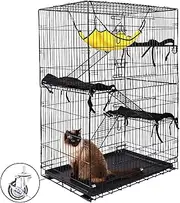 ELEVON 3-Tier Indoor Cat Cage, Large DIY Cat Crate & Cat Kennel with 3 Cat Beds and 2 Front Doors, Metal Fence with Ladder and Hammock, Suitable for Rabbits, Squirrels, Cats to Play and Rest
