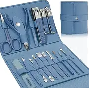 FLAFARY Manicure Set Professional Nail Clippers Pedicure Kit, 16 pcs Stainless Steel Nail Care Tools Grooming Kit with Luxurious Travel Leather Case for Thick Nails Men Women Gift (Blue)