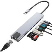 8 in 1 USB C Multiport Adapter USB C to HDMI with 4K HDMI, 100W PD, USB C Port, USB 3.0, RJ45 Ethernet, SD/TF Card Reader, Gray