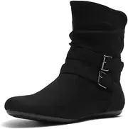[Herstyle] Lindell Women's Fashion Flat Heel Calf Boots Side Zipper Slouch Ankle Booties(Brown Runs one Size Smaller)