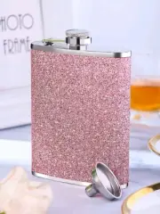 8 oz Liquor Stainless Steel Pocket Hip Flask Screw Cap Pink Glitter