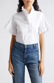 MILLE Vanessa Ruffle Detail Cotton Blouse in White at Nordstrom, Size Small