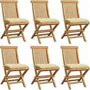 6-Piece Teak Wood Folding Garden Chairs with Cream White Cushions, Durable Outdoor Patio Dining Set for Outside Spaces