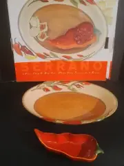 NEW IN BOX Clay Art Serrano Red Pepper CHIP & DIP Bowl Set Stone Lite Serving