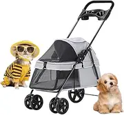 Dog Strollers for Small Dogs with Cup Holder, Pet Cat Stroller Travel Carrier Foldable Dog Pram Pushchair with Rain Cover, Pet Strollers Breathable Dog Prams Pushchairs(Grey a)