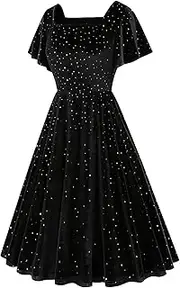 [Generic] Women's Plus Size Gold and Red Sequined Retro Polka Dots Square Neckline A-Line Formal Dress with 3/4 Sleeves and High Waist