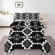 Western Aztec Comforter Set Queen Size, Native American Navajo Bedding Set for Boys Adult Teens, Southwestern Geometric Quilt Ethnic American Native Duvet Insert Rustic Farmhouse Decor, Black White
