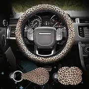 4 Pieces Leopard Cheetah Print Steering Wheel Cover Set with Car Cup Holder & Quarter Keyring, Universal Fit 14-15.5 inches, Leopard Cheetah Print Car Accessories Set