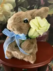 Handmade Straw Bunny Rabbit Figure Holding Yellow Paper Rose CUTE ! 6 inch New