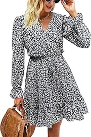 [KIRUNDO] Women’s Summer Dress Short Sleeve Ruffle Flowy Floral Dress Casual Crewneck High Waist Mini Dress with Belt