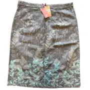 White Stuff Linen Cotton Pencil Skirt Embroidered Floral Blue UK 10 US 8 Pocket