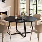 LVB Black Round Dining Table, Modern Wood Metal Kitchen Table, Industrial Small Dinner Room Table for 4 to 6 People, Circle Coffee Dining Room Table for Home Kitchen Living Room, Black Oak, 51 Inch