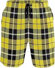 [GuoChe] Swim Trunks for Mens Black Yellow and White Scottish Plaid Quick Dry Bathing Suits Beach Swim Shorts Casual Board