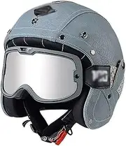 Retro Leather Open Face Helmet 3/4 Jet Motorcycle Helmet Fashion Goggles, DOT Approved Men and Women Half Cover Helmet Adult Half Helmet Moped Scooter