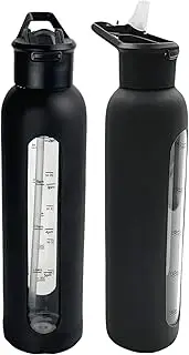 HENGFEI 1 Litre Glass Water Bottle with Straw, Borosilicate Glass Drink Bottle with Silicone Sleeve, Time and Measurement Markings.(1 Litre Black Silicone Sleeve)