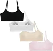 [JZS] Teen Girls' Training Bra, 4 Pack Seamless Cotton Padded Training Wireless Bras with Elastic Thin Shoulder Straps(L)