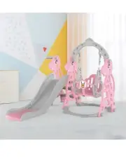 Pink 4 in 1 Kids Slide and Swing Set with Basketball Ring Hoop Toddler Indoor