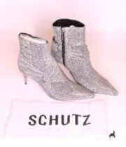 SCHUTZ Adryen Booties Prata Silver Glitter Pointed Toe Mid Heel Boot (8.5)