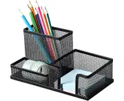 Mesh Desk Organizer Office Supplies for Desktop Accessories, 3 Compartments, Black Caddy with Pencil Holder and Storage Baskets