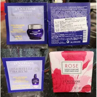 歐舒丹玫瑰香皂50公克裝+蠟菊系列小樣品1.5ml三包，四樣商品一起賣