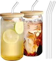 2Pcs Cup with Straw, Drinking Glasses with Bamboo Lids and Glass Straw, 17 Oz Can Shaped Glass, Smoothie Cup, Ideal for Drinks, Coffee, Cocktails, Whiskey