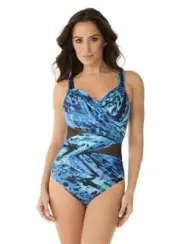 NWT NEW MIRACLESUIT sz 12 TURNING POINT MADERO SWIMSUIT BLUE WITH MESH 6523765