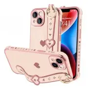 for Case Cute Love-Heart Plating Strap Phone Cover for Women iPhone 14 Pink