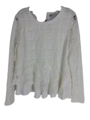 $139 Neiman Marcus Women's White Long-Sleeve Lace Ruffle Mesh Blouse Top Size M
