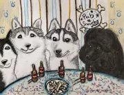 Husky and Poodle Pub Dogs Original 11x14 Pastel Painting Art Signed Artist KSams