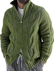 [Generic] Men's Twisted Flower Zipper Cardigan Slim Fit High Collar Sweater Heavy Winter Knitted Sweaters for Men