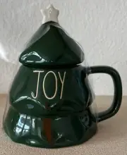 Rae Dunn JOY Green Christmas Tree Shaped Mug & Topper Lid with Star New!