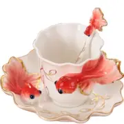 Fashion Hand Crafted Porcelain Enamel Goldfish Coffee Cup Saucer Spoon Suit Gift