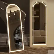 LVSOMT Arched Full Length Mirror with Lights, 160 x 50 cm Arch Floor Mirror with Stand, Free Standing, Wall-Mounted Leaning Against Wall, Full Body Dressing Mirror for Entryway, Living Room, Bedroom