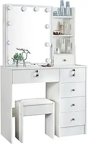 Umeiga White Table, Makeup Vanity Desk with Lights and Mirror, Bedroom Desk and Chair for Girls and Women