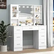 Large Vanity Desk with Mirror and 10 Lights,Big Makeup Vanity Table with7 Drawers and 2 Storage Shelves,Cabinet,3 Lighting Modes,White Vanity Set for Bedroom