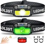 HOKOILN Headlamp Rechargeable, 2 Pack 1300 Lumen Ultra-Light Bright Head Lamp with White Red Green, 14 Modes Adjustable Waterproof Motion Sensor Headlight for Outdoor Camping Running Cycling Hiking
