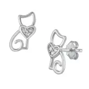 11mm Tiny Cute Cat with Heart Cubic Zirconia 925 Sterling Silver Studs Earrings