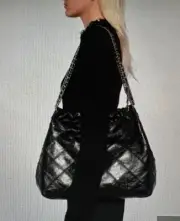 Tory Burch Fleming Distressed HOBO $898 US Black&Silver New