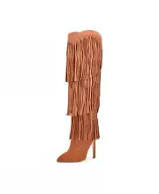 Nine West Tasels Cognac Pointed Toe Stiletto Heel Fringe Western Knee High Boots