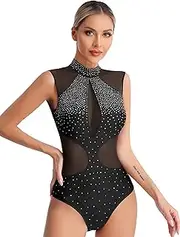 [RUNQHUI] Women's Gymnastics Leotards Sleeveless Mock Neck Rhinestones Mesh Backless Bodysuit Ballet Dance Tops