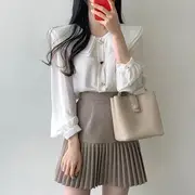 Long-Sleeve Plain Heart Button Blouse / High Waist Accordion Pleated Mini A-Line Skirt Skirt - Khaki - XL