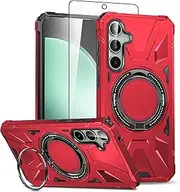 [Asuwish] Phone Case for Samsung Galaxy S23 FE 5G with Screen Protector Slim Magnetic Rugged Stand Heavy Duty Hybrid Protective Tempered Glass Mobile Cell Cover S 23 EF S23FE 23S Women Men Red