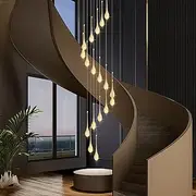 USOR 18-Light Modern High Ceiling Light Staircase Chandelier LED Crystal Chandelier Raindrop 3 Colors Dimmable Large Long Pendant Light Luxury Gold Chandelier for Entryway Living Room Lobby Remote